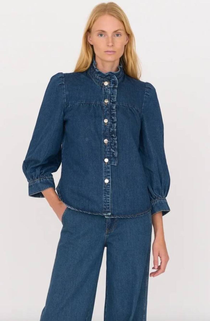 SECULAR by L'Agence Rene Denim Ruffle Button Down Shirt M NWT Dark Wash Coastal
